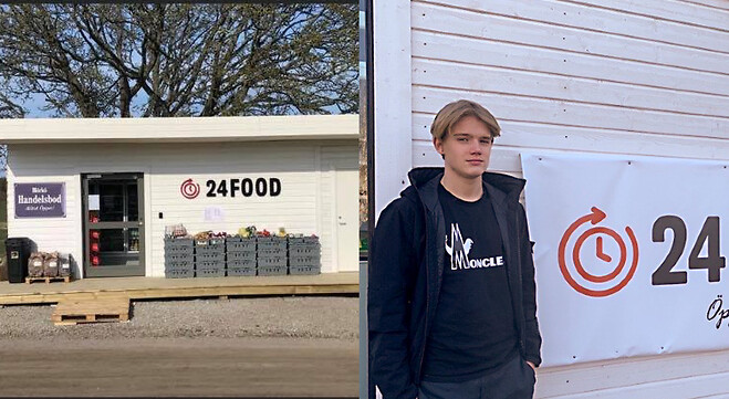 Jack Berggren framför en obemannad 24Food butik